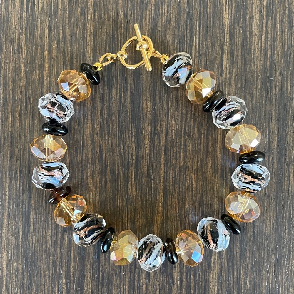 HAND CRAFTED BEADED BRACELET Elegant Black & Gold Faceted Crystal Beaded Glam - Picture 4 of 15